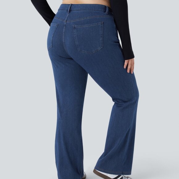 NWT HALARA 1X BLUE FLEX MIDRISE BUTTON ZIP POCKETS STRETCH KNIT FLARE JEANS - Picture 4 of 5